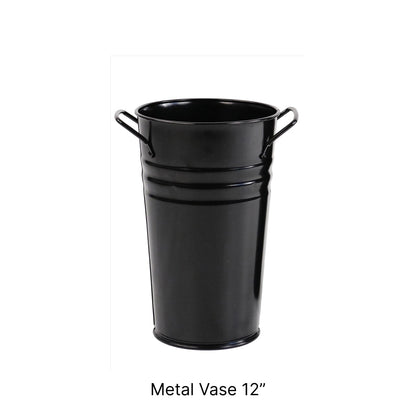 Black Metal Bucket and Vases
