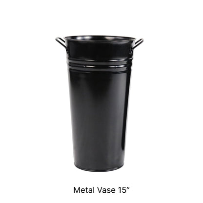 Black Metal Bucket and Vases