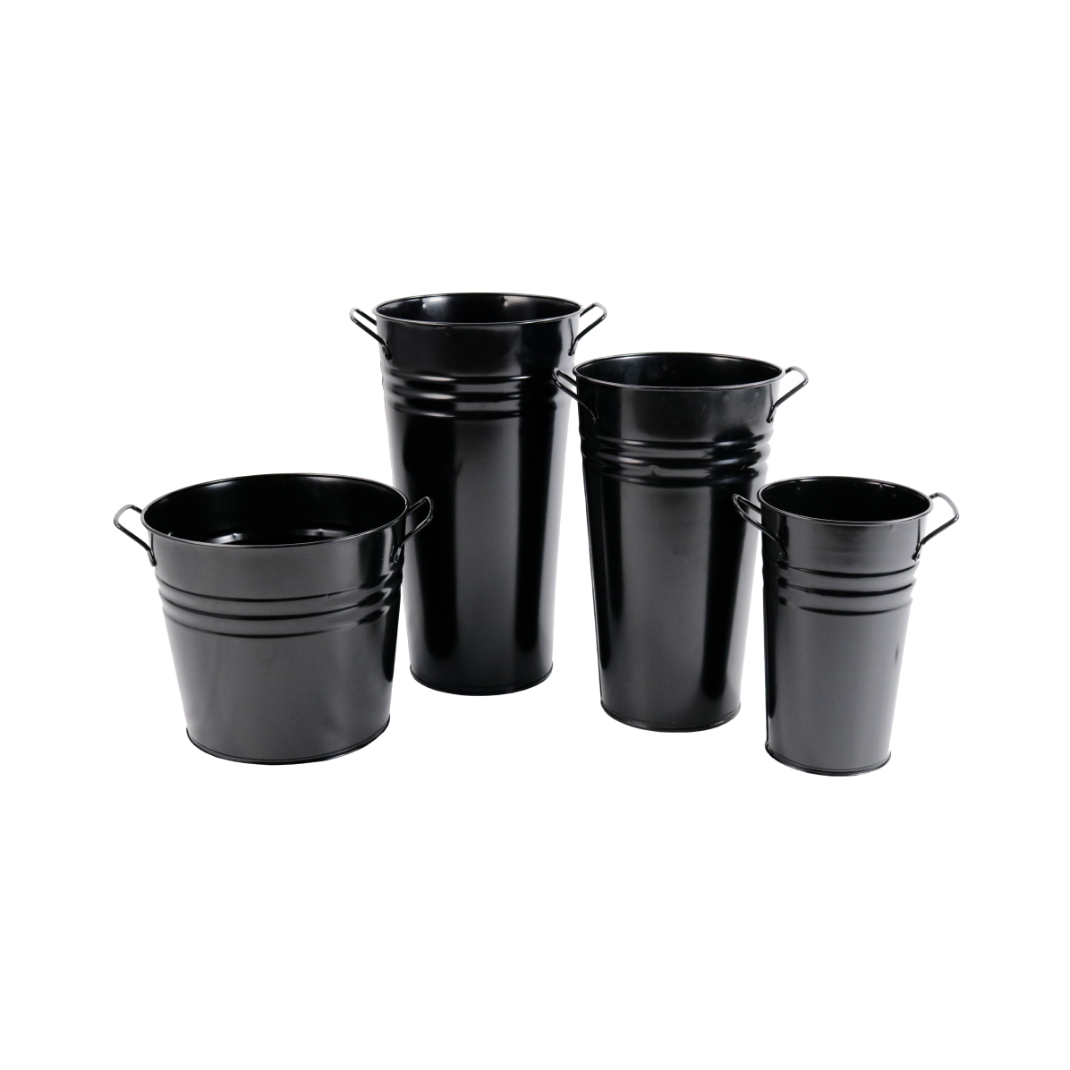 Black Metal Bucket and Vases