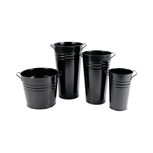 Black Metal Bucket and Vases